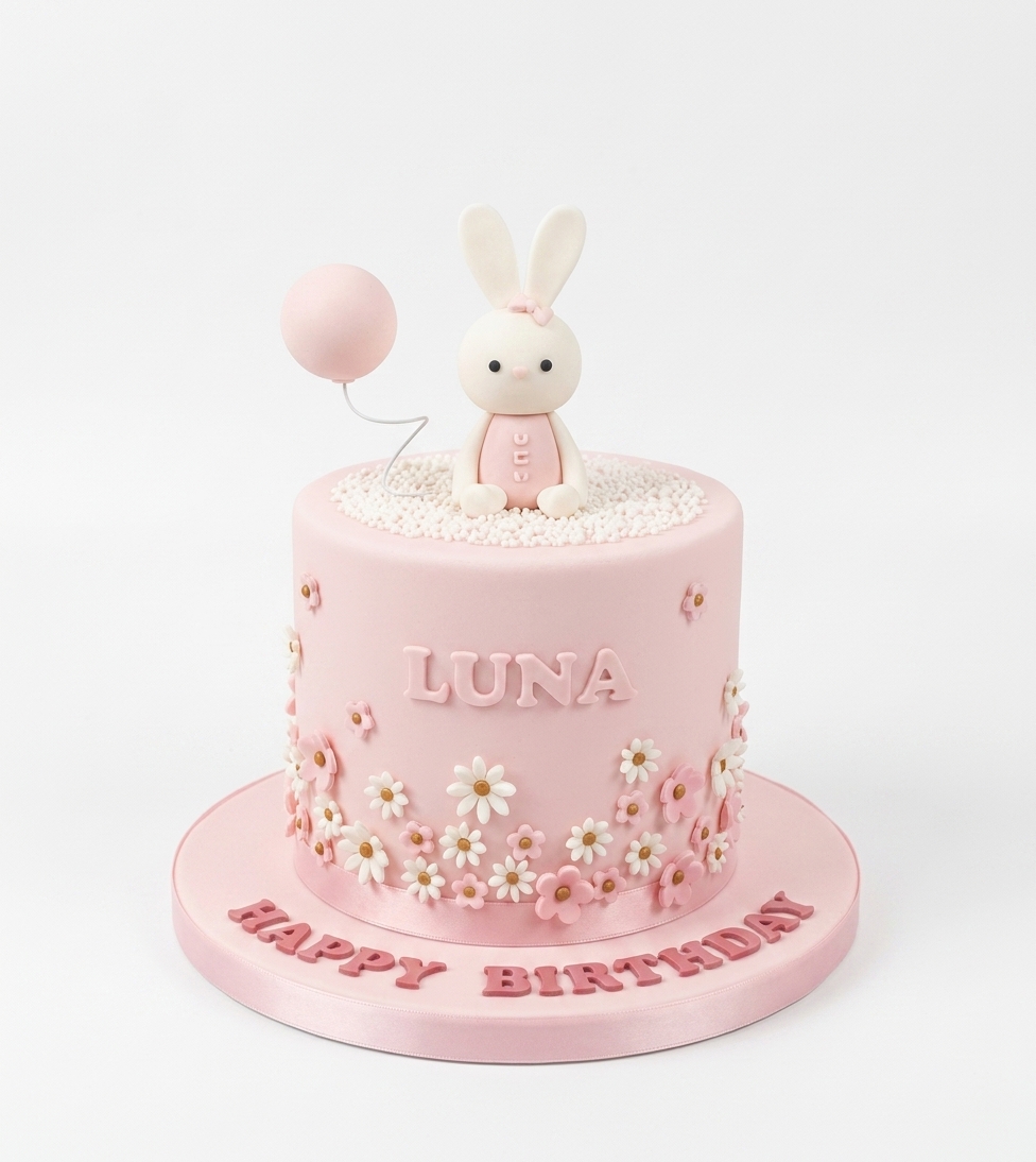 Pink Bunny & Floral Birthday Cake