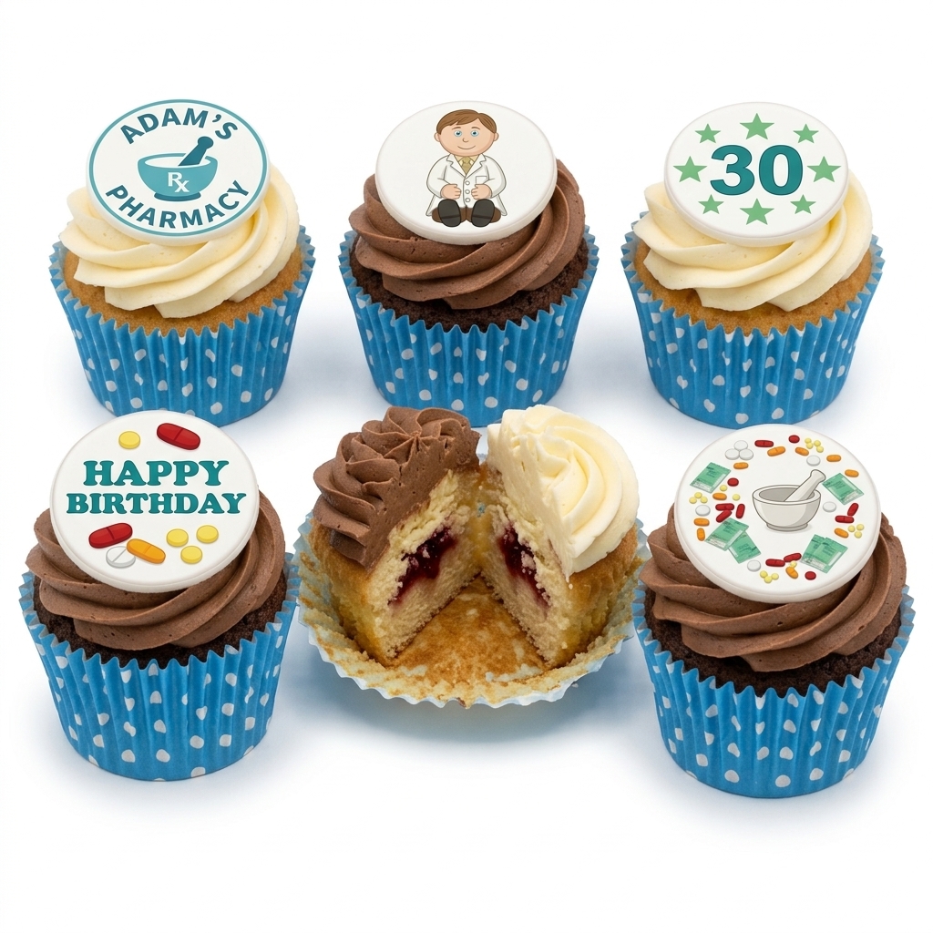 Pharmacy Theme Birthday Cupcakes with Custom Toppers