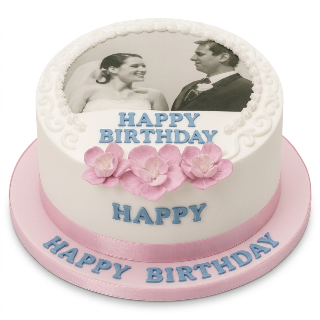 Photo Birthday Cake with Pink Flowers