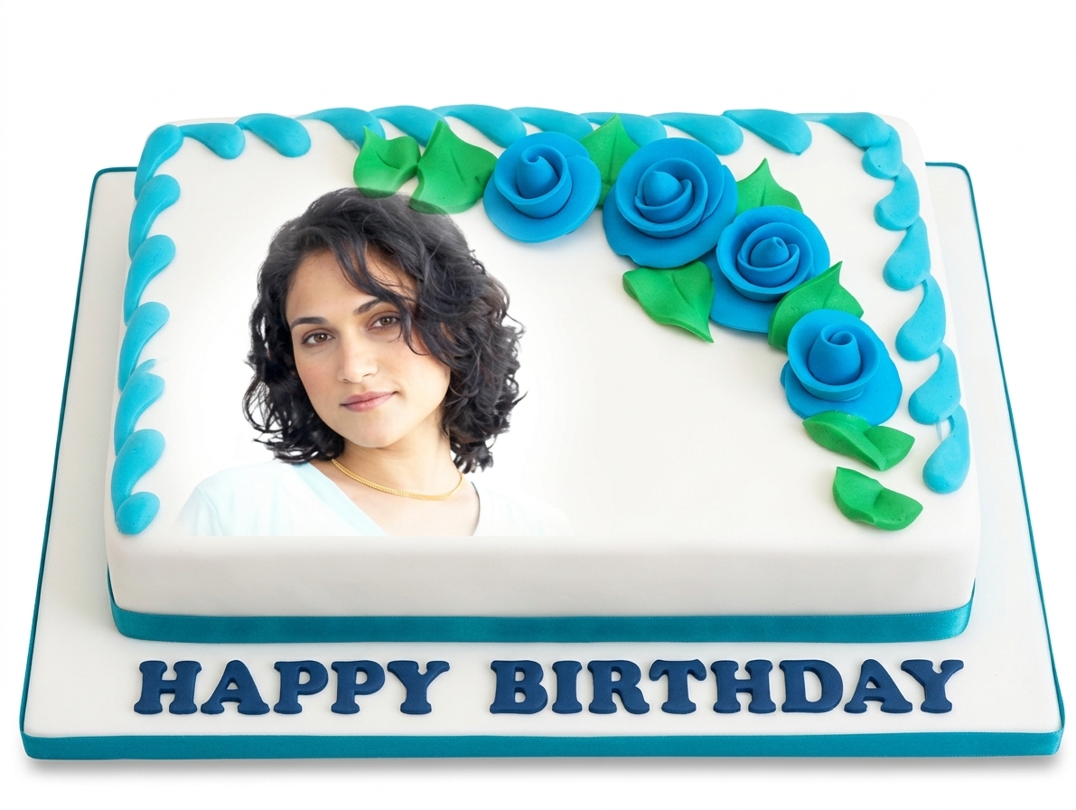 Personalised Photo Birthday Cake with Blue Roses