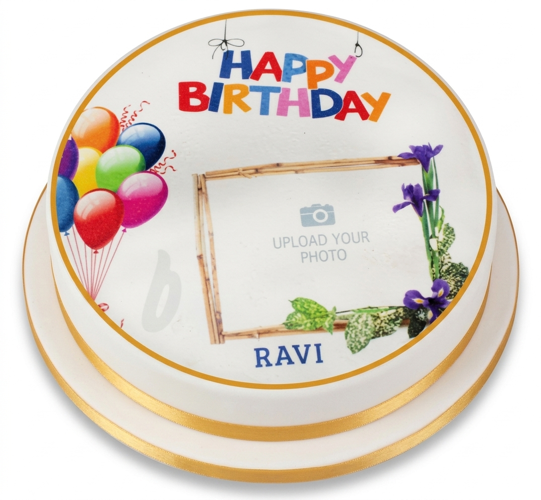 Photo Birthday Cake with Balloons & Floral Design