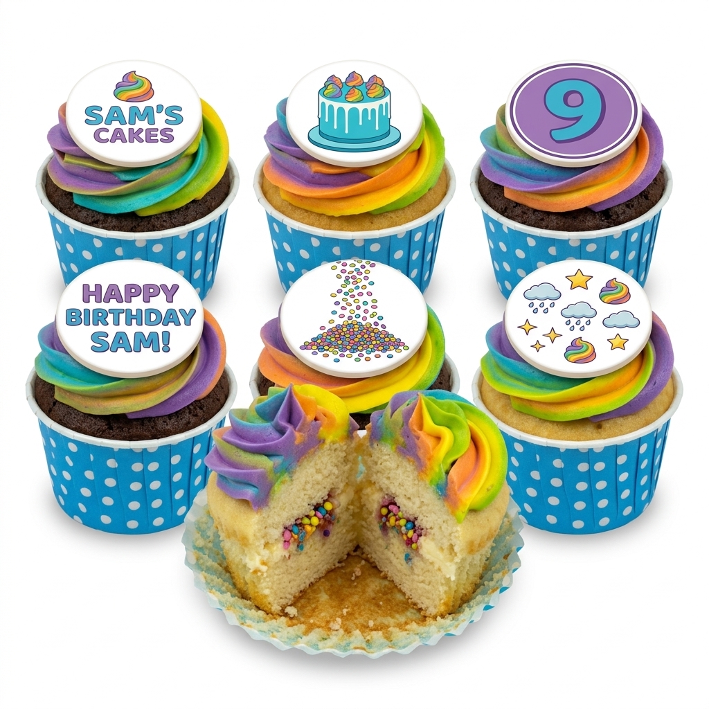 Kids Rainbow Birthday Cupcakes with Fun Custom Toppers