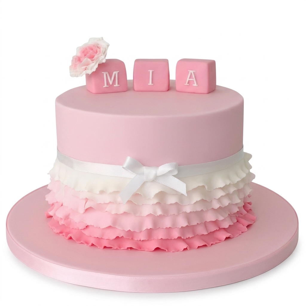Pink Ombre Ruffle Baby Shower Cake with Personalised Name Blocks