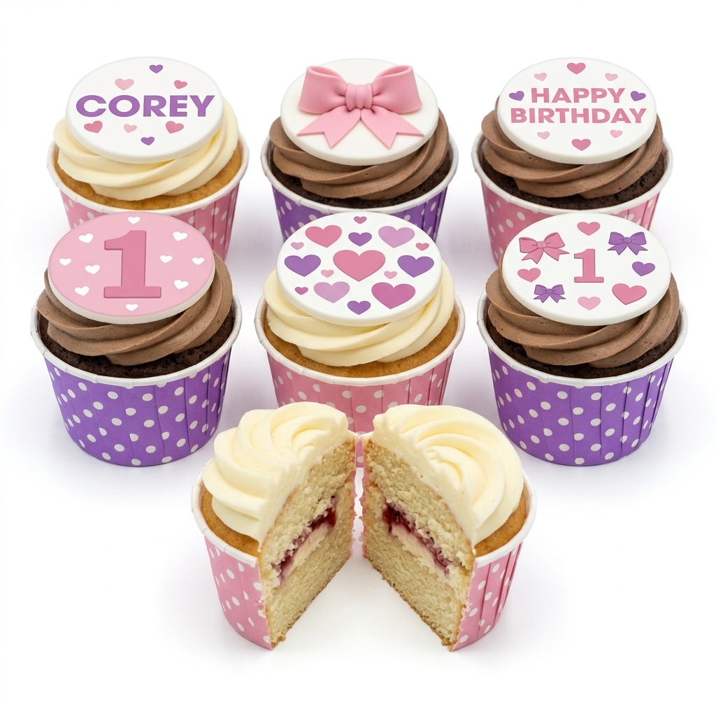 Girls Birthday Cupcakes with Hearts & Bows