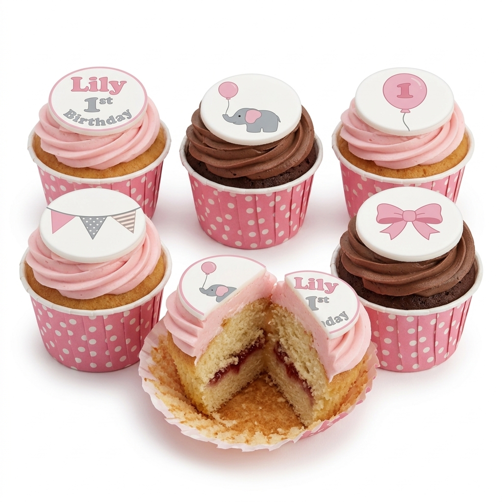 1st Birthday Cupcakes for Girls with Elephant & Bow