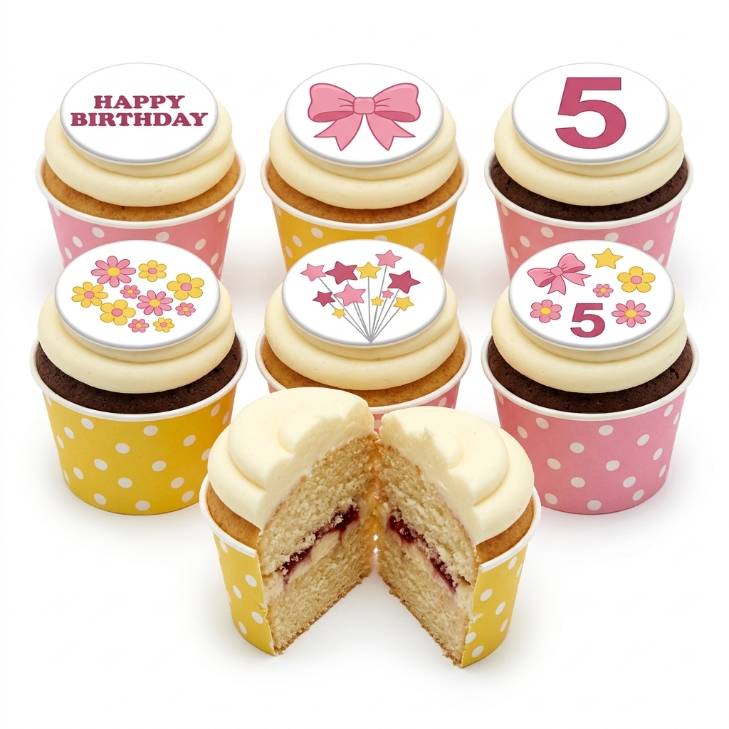 Kids Birthday Cupcakes with Bow & Floral Toppers