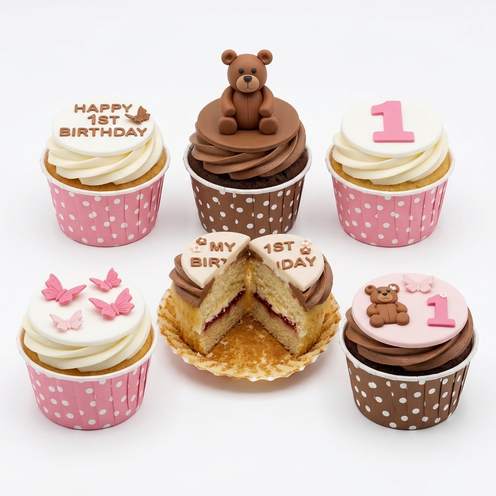 Teddy Bear & Butterfly 1st Birthday Cupcakes for Girls