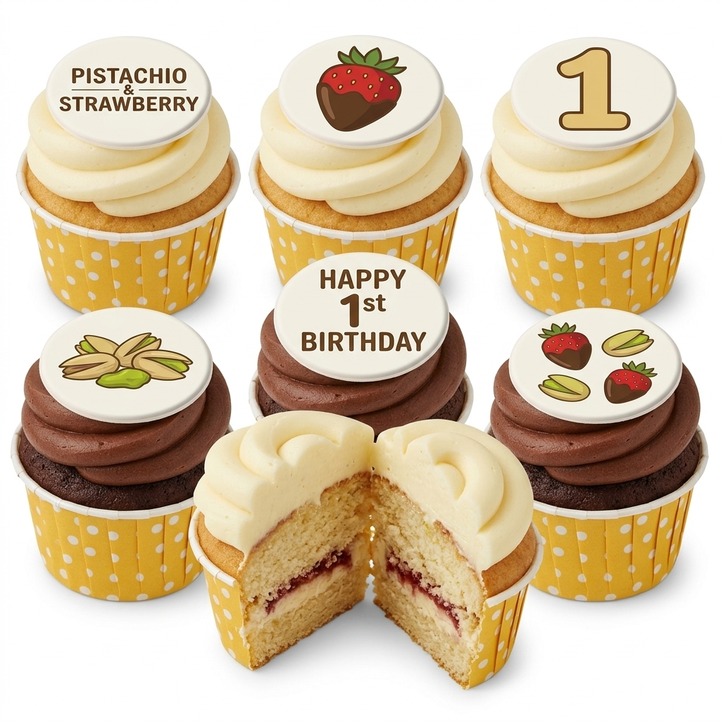 1st Birthday Cupcakes with Strawberry & Pistachio Toppers