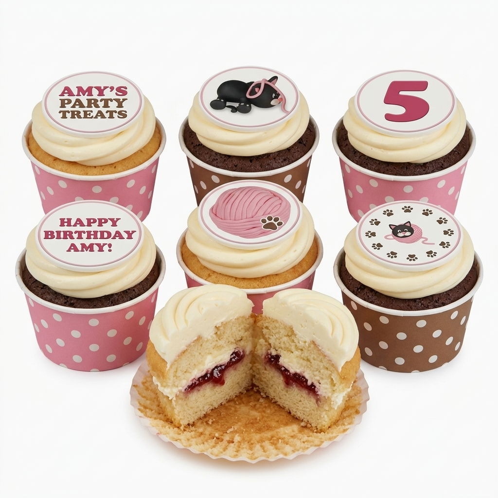 Cat Theme Birthday Cupcakes with Custom Age Topper