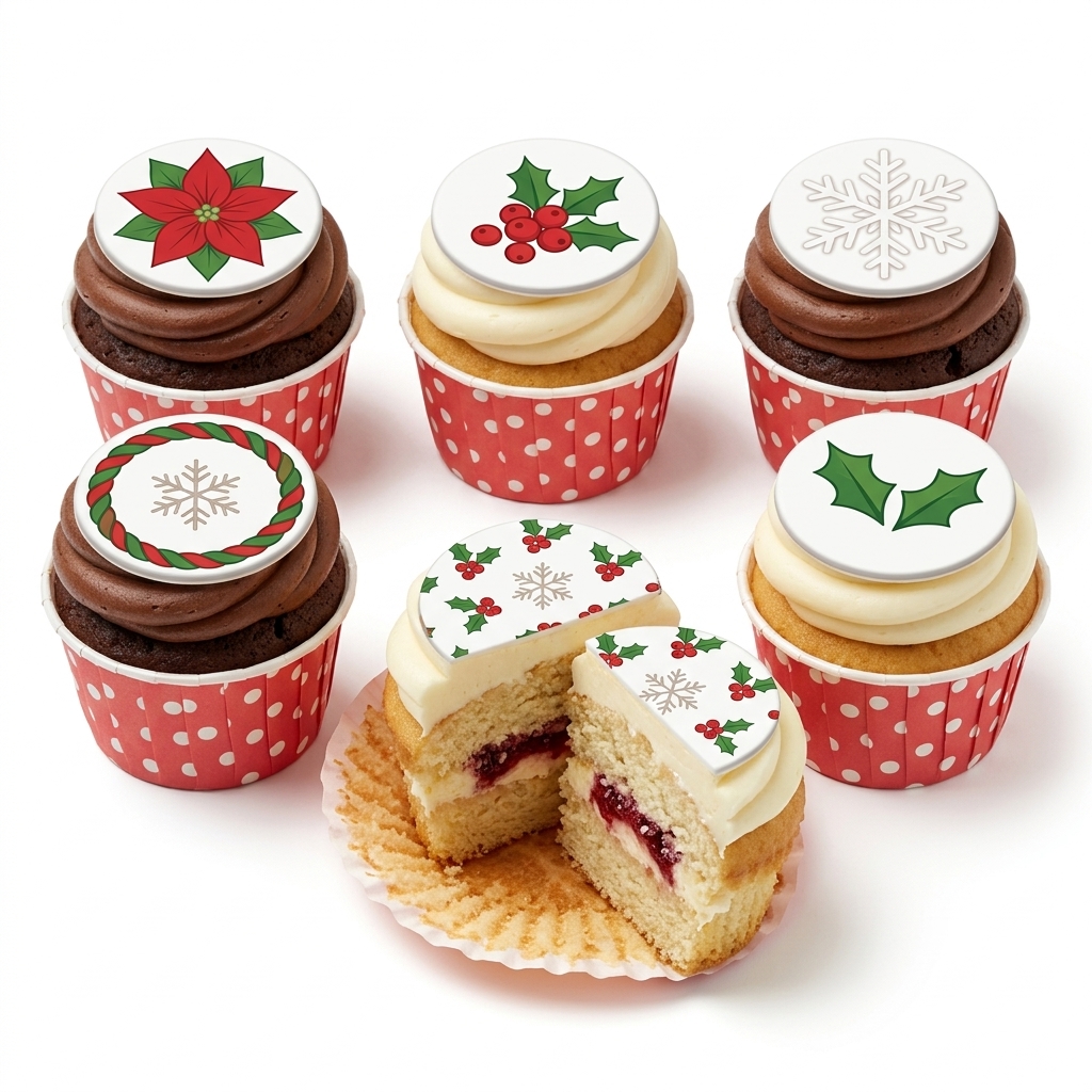 Christmas Holly & Snowflake Cupcakes