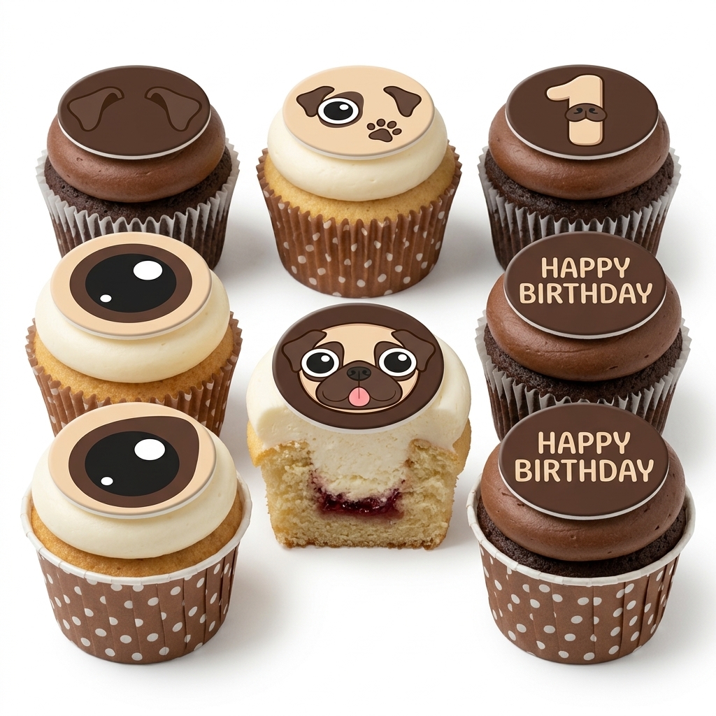 Pug Dog Birthday Cupcakes with Custom Age Topper