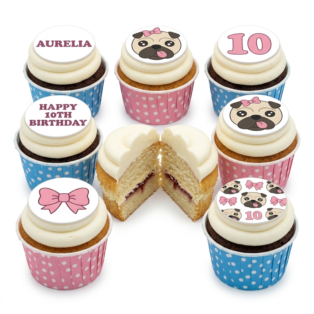 Pug Theme Birthday Cupcakes for Girls with Custom Age