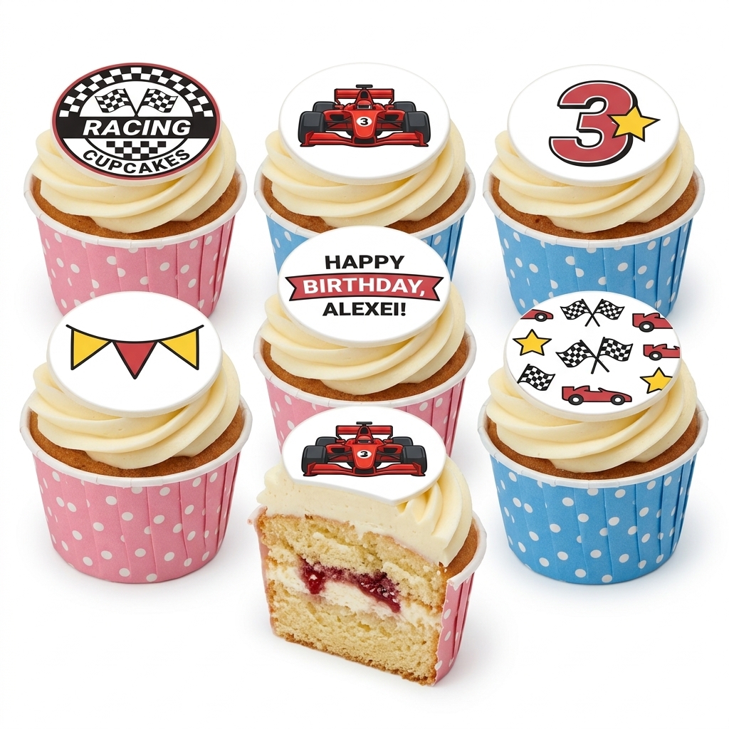 Racing Car Birthday Cupcakes with Custom Age Topper