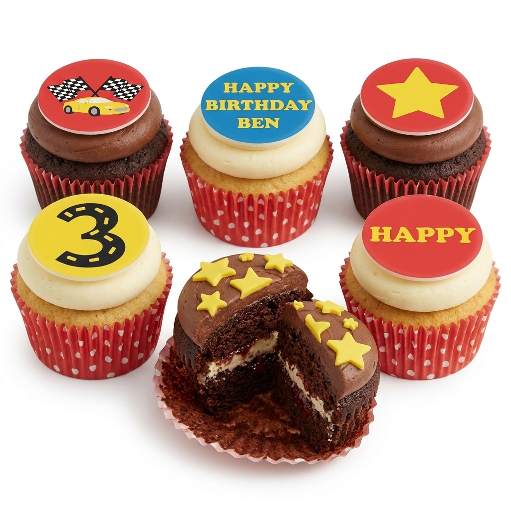 Racing Car & Stars Birthday Cupcakes with Custom Age Topper