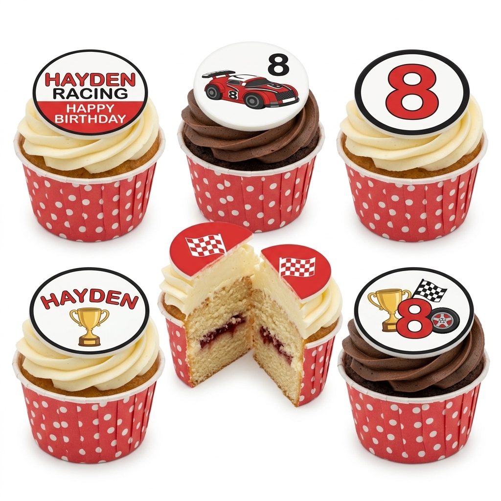 Racing Car Birthday Cupcakes with Custom Age Toppers