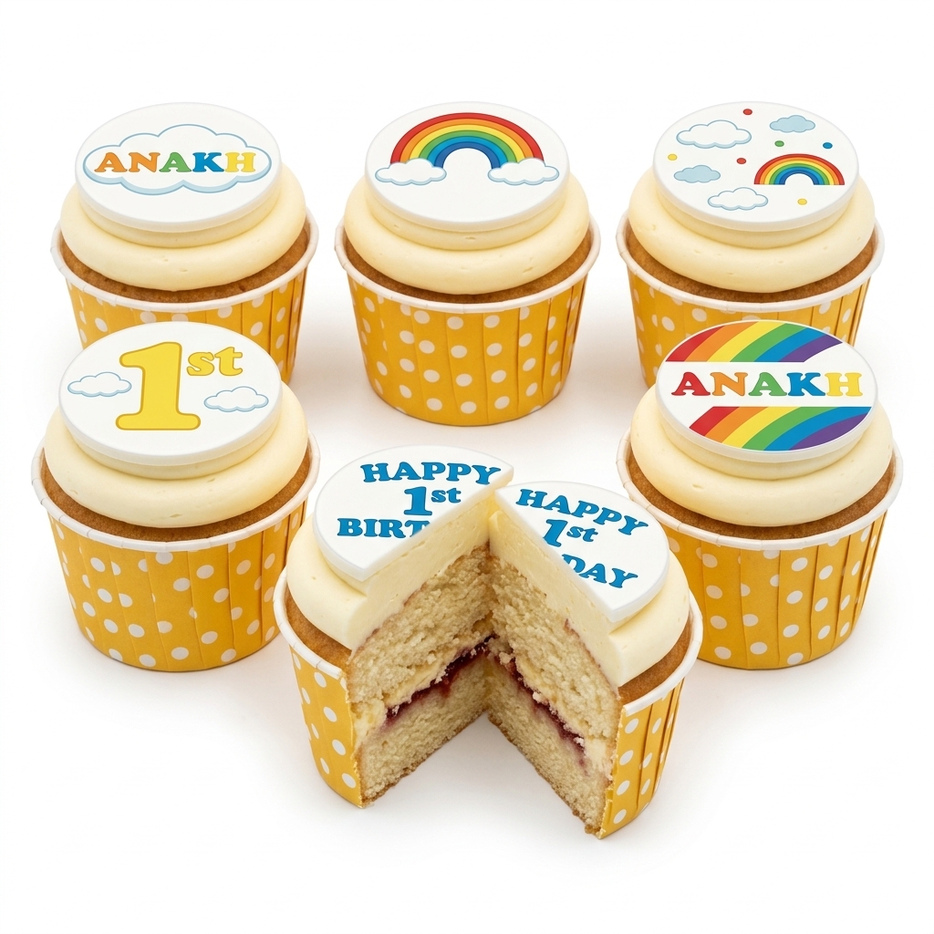 Personalised Rainbow & Clouds 1st Birthday Cupcakes