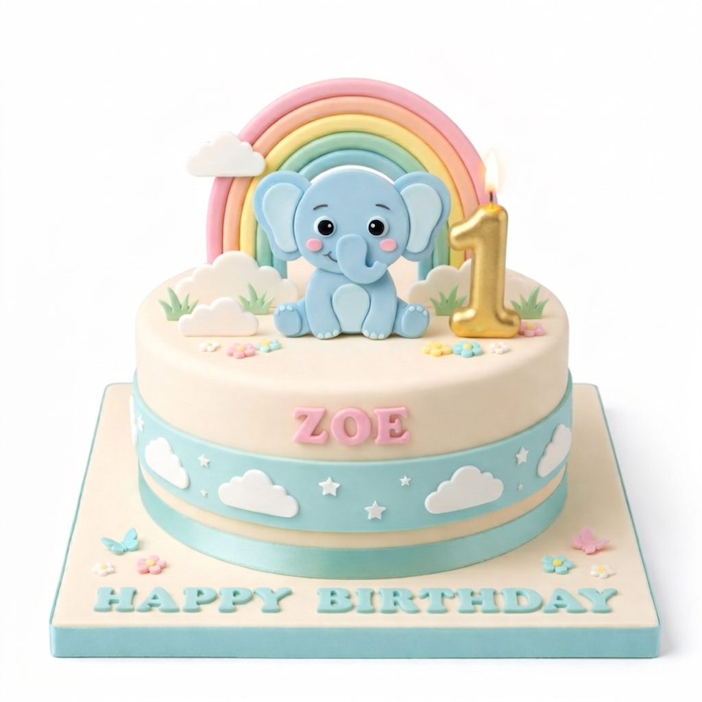 Elephant & Rainbow 1st Birthday Cake