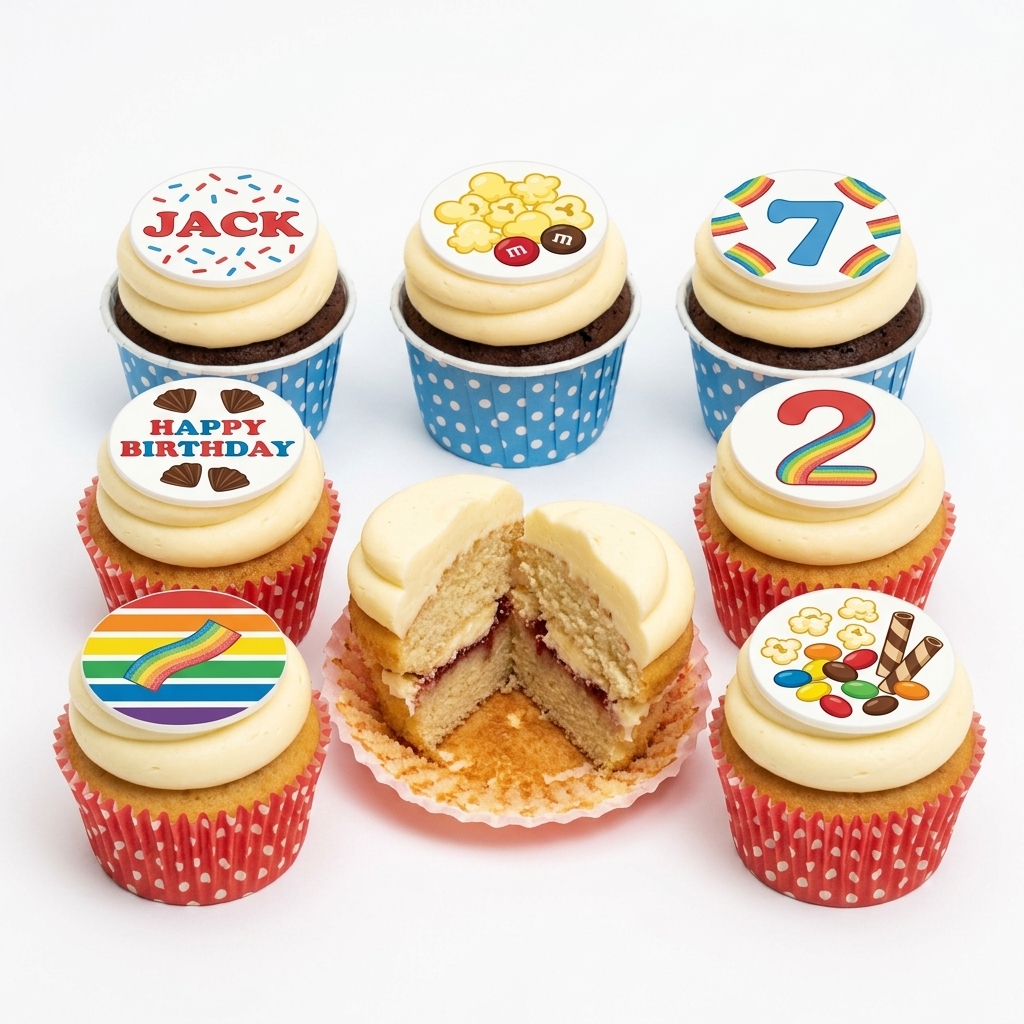 Fun Kids Birthday Cupcakes with Custom Toppers