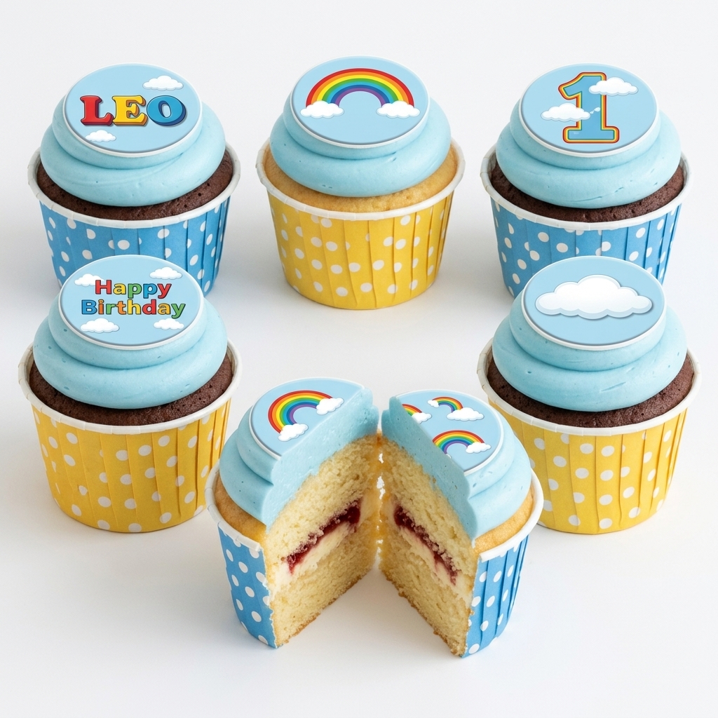 Rainbow & Clouds Birthday Cupcakes with Custom Toppers