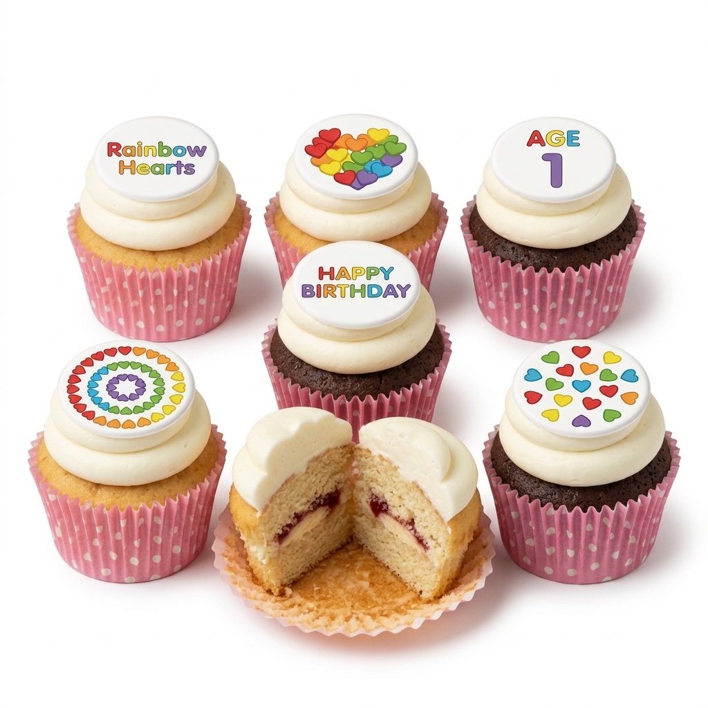 Rainbow Hearts Birthday Cupcakes with Custom Age Toppers