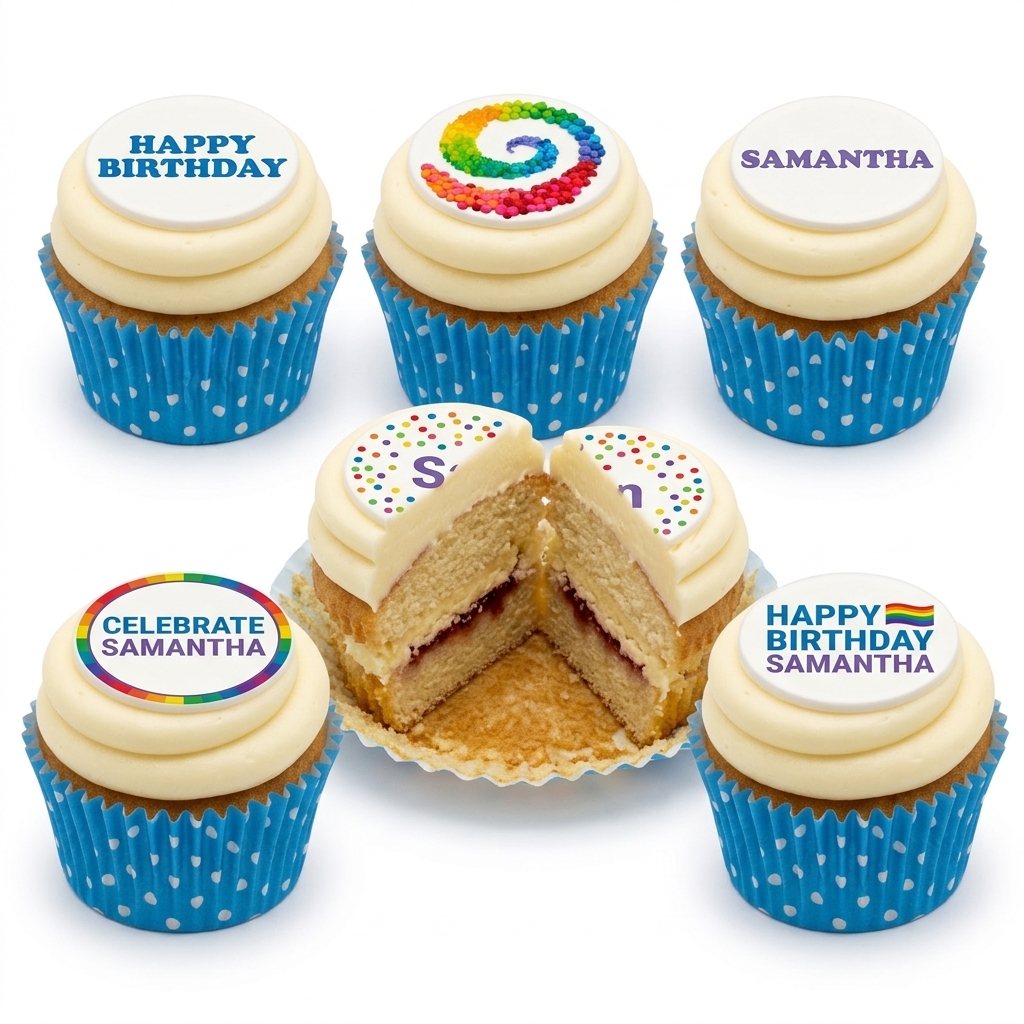 Rainbow Birthday Cupcakes with Personalised Toppers