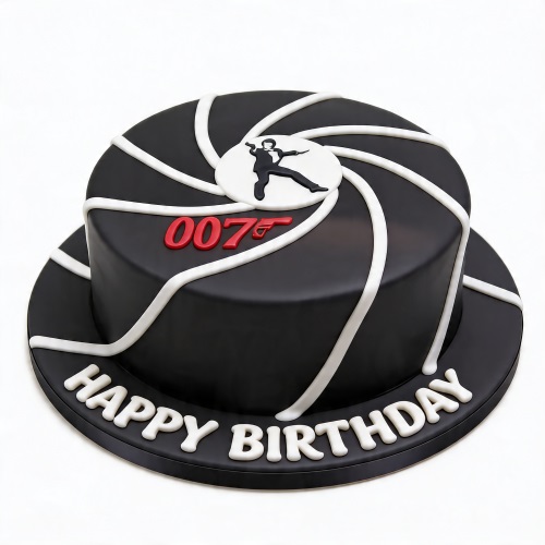 Black 007 James Bond theme birthday cake with gun barrel swirl and agent silhouette.