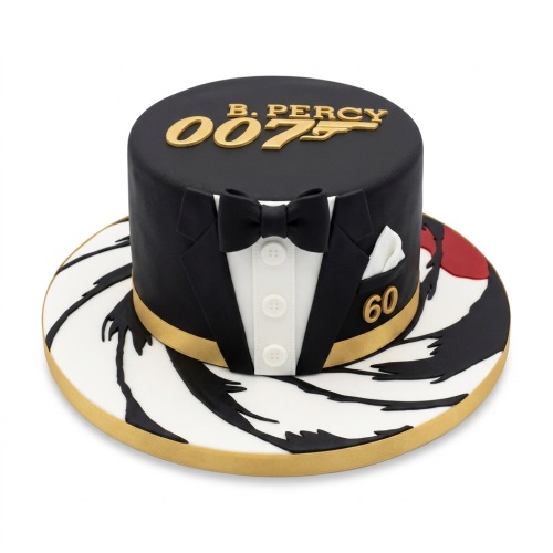 Black tuxedo cake with gold 007 logo and custom age on a swirl pattern board.