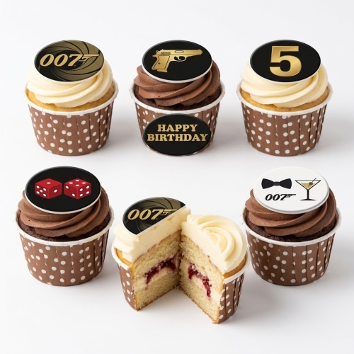 007 James Bond themed cupcakes with gun, dice, bow tie, martini, and custom age toppers.