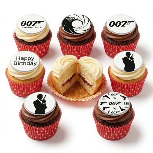 Assortment of 007 James Bond themed cupcakes with white and chocolate frosting, red liners, and 'Happy Birthday' message.