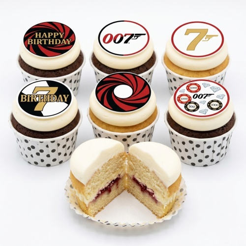Six James Bond 007 themed cupcakes with red, black, white, and gold toppers, including a custom age and casino chips.