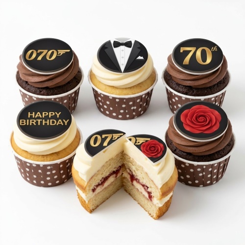 007 James Bond themed cupcakes with gun logo, tuxedo, red rose, and Happy Birthday topper.
