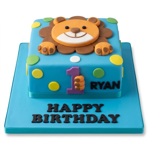 Blue square cake with a 3D fondant lion, colourful polka dots, and a number one topper.