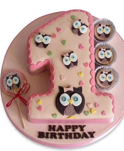 Number one shaped pink cake with owl decorations, hearts, cupcakes, and a lollipop for a first birthday.