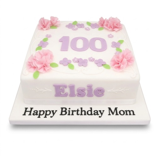 Elegant white square birthday cake with pink and purple sugar flowers, green leaves, and a custom age topper.