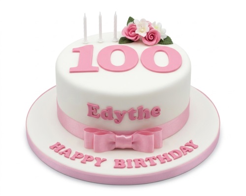 White round birthday cake with pink sugar flowers, ribbon, bow, and custom age topper.