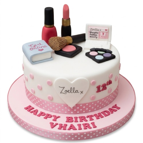 White single-tier birthday cake with pink polka dots, decorated with edible makeup, laptop, and book toppers, with a custom age and name.