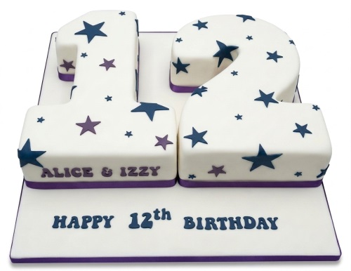 White number cake decorated with dark blue and purple stars, with a custom age and personalised names.
