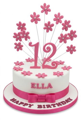 White round cake with pink flowers, custom age topper, pink ribbon and bow.