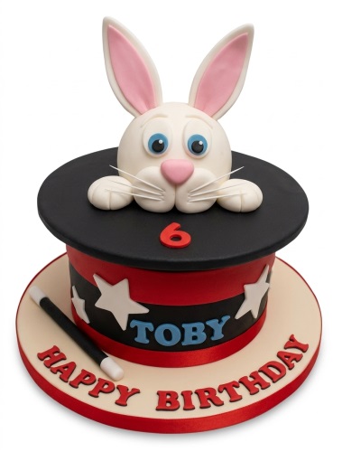Round single-tier magic themed birthday cake with a 3D rabbit in a black top hat, magic wand, white stars, and custom age.