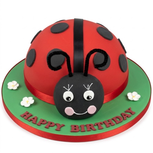 Dome-shaped ladybird birthday cake with red body, black spots, black head, and pipe cleaner antennae on a green board with small white flowers.