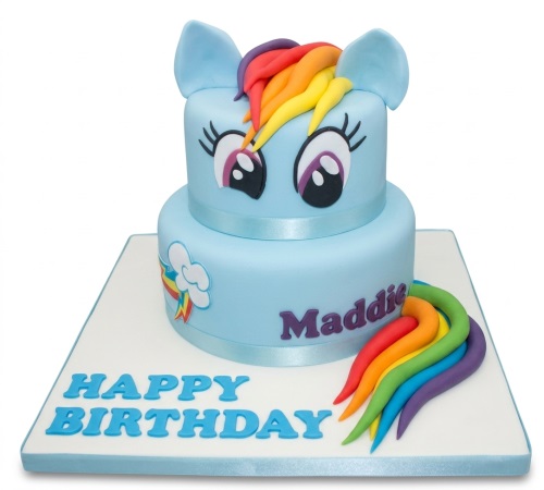 Two-tier light blue My Little Pony Rainbow Dash birthday cake with rainbow mane and tail.