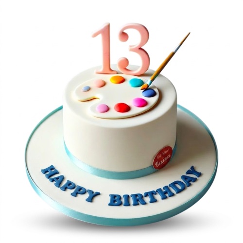 White round birthday cake with a painter's palette, paintbrush, and custom age topper.