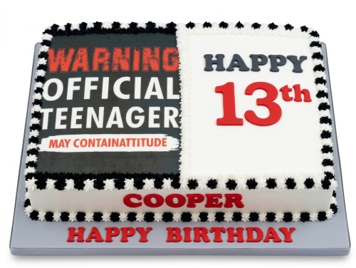 Rectangular 13th birthday cake with 'Official Teenager' warning and 'Happy 13th' text in black, white, and red.