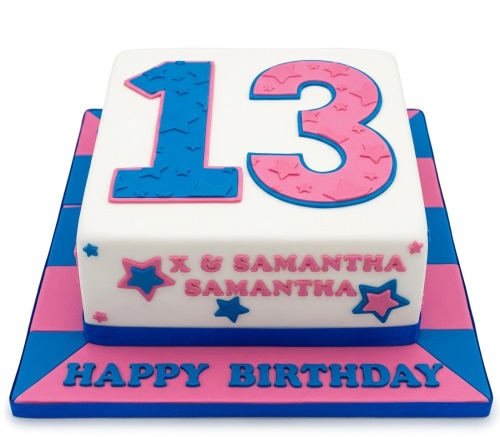 White square birthday cake with large blue and pink numbers, stars, and a checkered board.