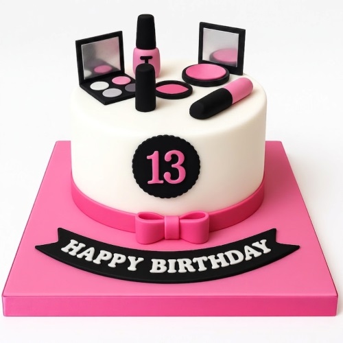 White round cake with pink and black makeup decorations, a pink ribbon, and a custom age topper.