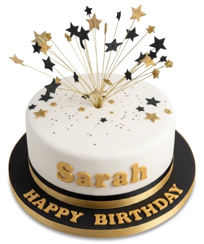 White round birthday cake with gold and black starburst topper, gold sprinkles, and customisable name.