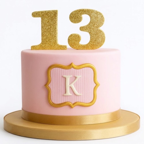 Pink birthday cake with gold glitter custom age topper and personalised initial.