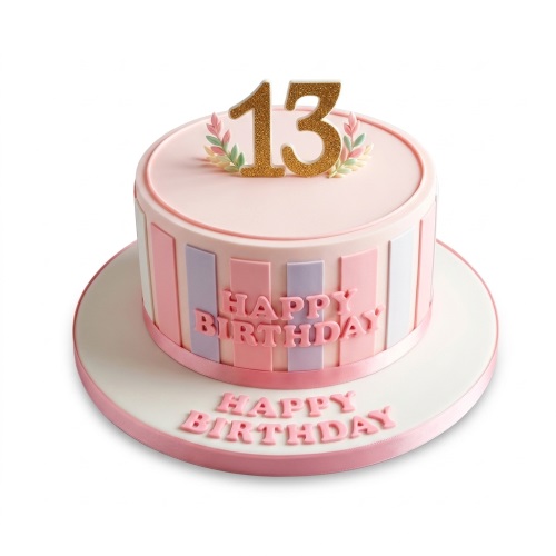 Pink striped birthday cake with gold custom age topper and 'Happy Birthday' message.