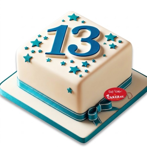 Square cream birthday cake with blue number topper and star decorations.