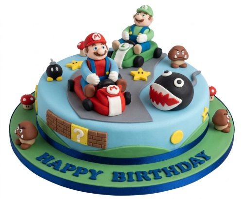 Round blue Mario Kart birthday cake with Mario, Luigi, Goombas, Chain Chomp, and race track decorations.
